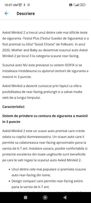Vand scaun auto copii rear facing Axkid Minikid