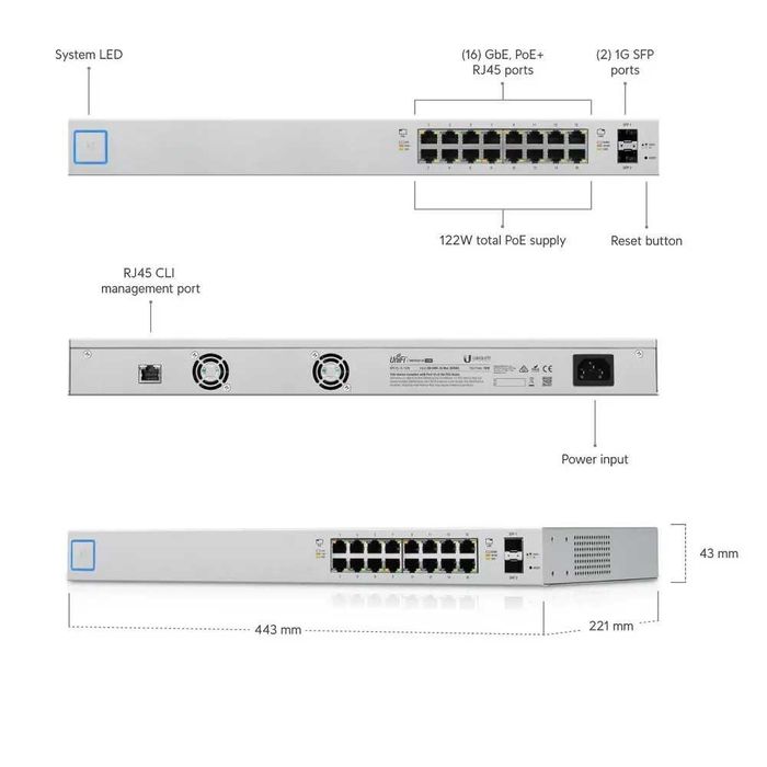 Switch PoE Ubiquiti UniFi US-16-150W – 16x GbE PoE+, 2x SFP, managed, rackabil