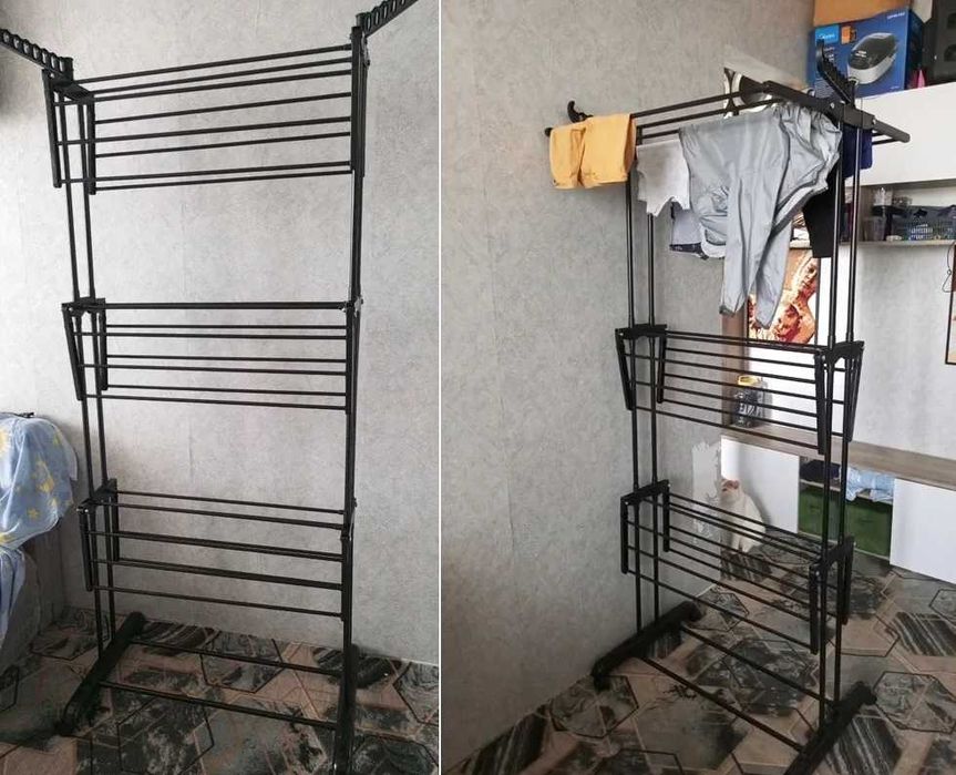 ТОП ЦЕНА!! Сгъваема сушилня за дрехи с опора за закачалка, черна, 3 нива