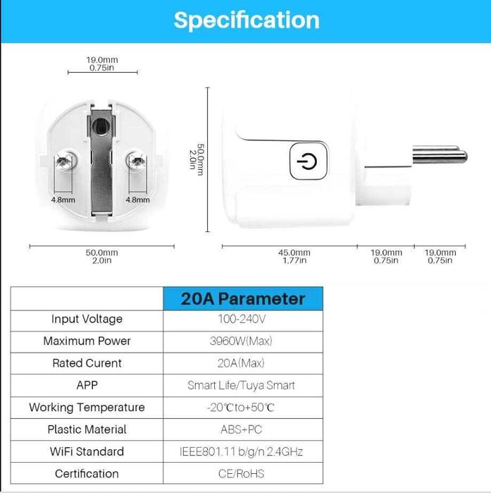 Интернет Ключ 20A Smart Socket Wi-Fi Switch Умен Контакт Измерващ Консумацията на Ток Контролен Електромер Пълен Контрол Смартфон App SmartLife Tuya