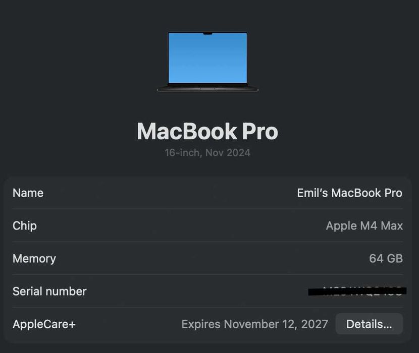 MacBook Pro 16"/M4 Max - 16 CPU, 40 GPU/64GB RAM/2TB SSD/AppleCare+