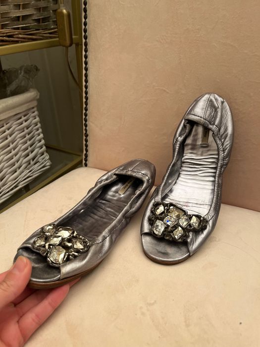 Miu Miu sandale/ balerini  flat, argintii cu cristale
