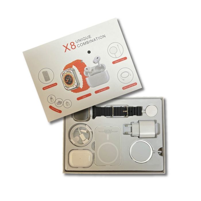 Комплект 8 в 1 с X8 Smartwatch,безжични слушалки,зарядно,кабели,външна