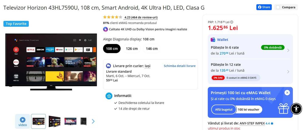 Televizor LED Horizon, 108 cm, Android TV, 4K Ultra HD