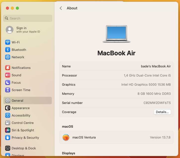 Vand Laptop A1466 MacBook Air 13" 8GB 128GB SSD IOS Ventura