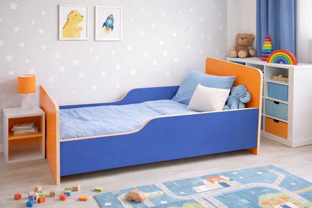 Детская кровать односпальная (оранжево-синяя)