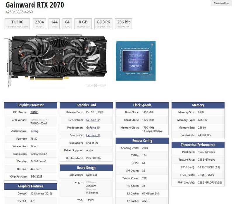 Placa video RTX 2070 Gainward 8gb GDDR6 256bit