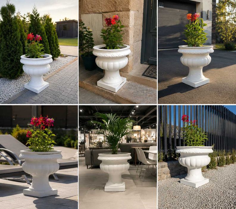Ghiveci decorativ din ciment alb 39 cm | Jardiniere grădină | Vază exterior
