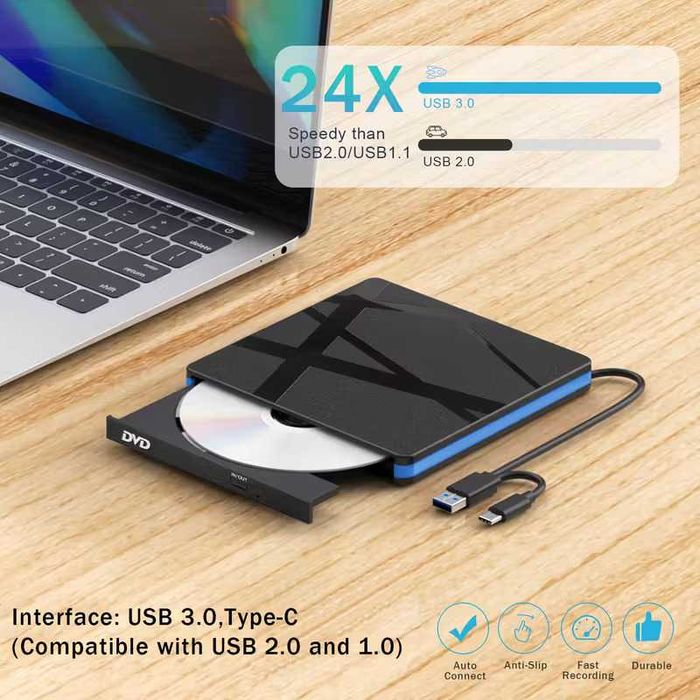 Външно CD/DVD устройство с USB 3.0 и Type-C – преносимо