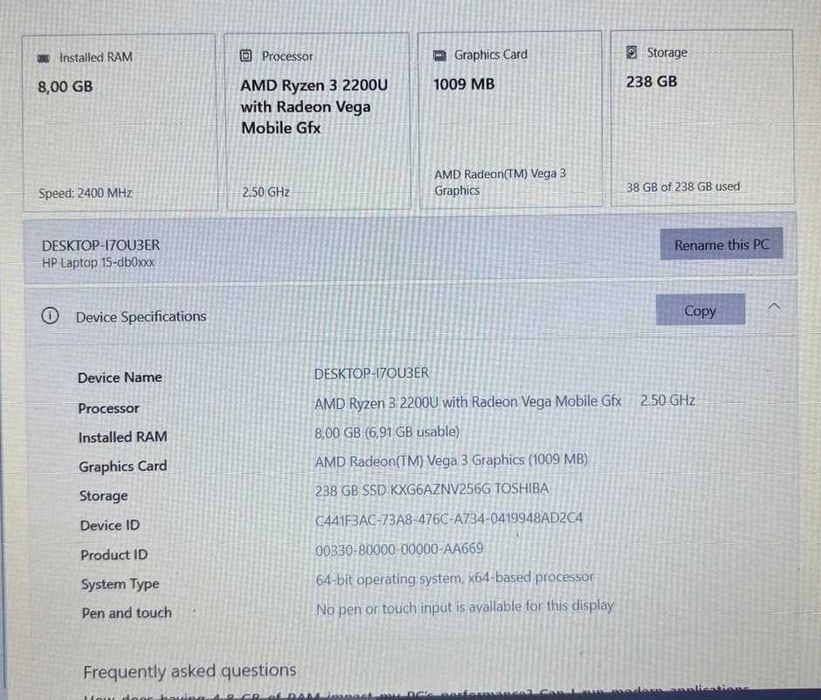 Laptop 15" HP Model 15-db0048nq SSD M.2 NVME