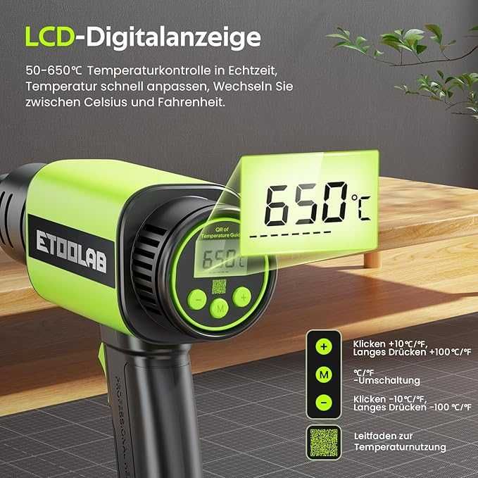 Пистолет за горещ въздух ETOOLAB 2000W темп 50-650°C с LCD дисплей