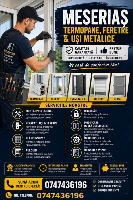 Montaj(și cu folie de etanșare/anticondens)/reparatii termopane/plase insecte/rulouri exterioare/ deblocări uși ,uși metalice,mdf, lemn masiv,etc