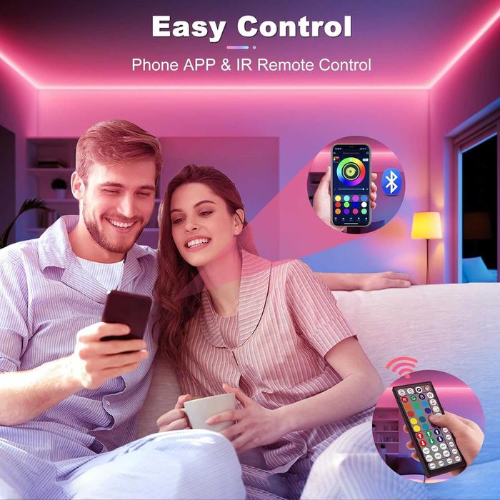 LED лента, 20M гъвкава RGB LED лента за декорация на стая, Bluetooth приложение за управление