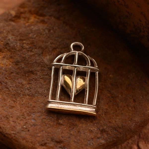 Сребърен медальон 925 „Сърце в клетка“ със златен акцент