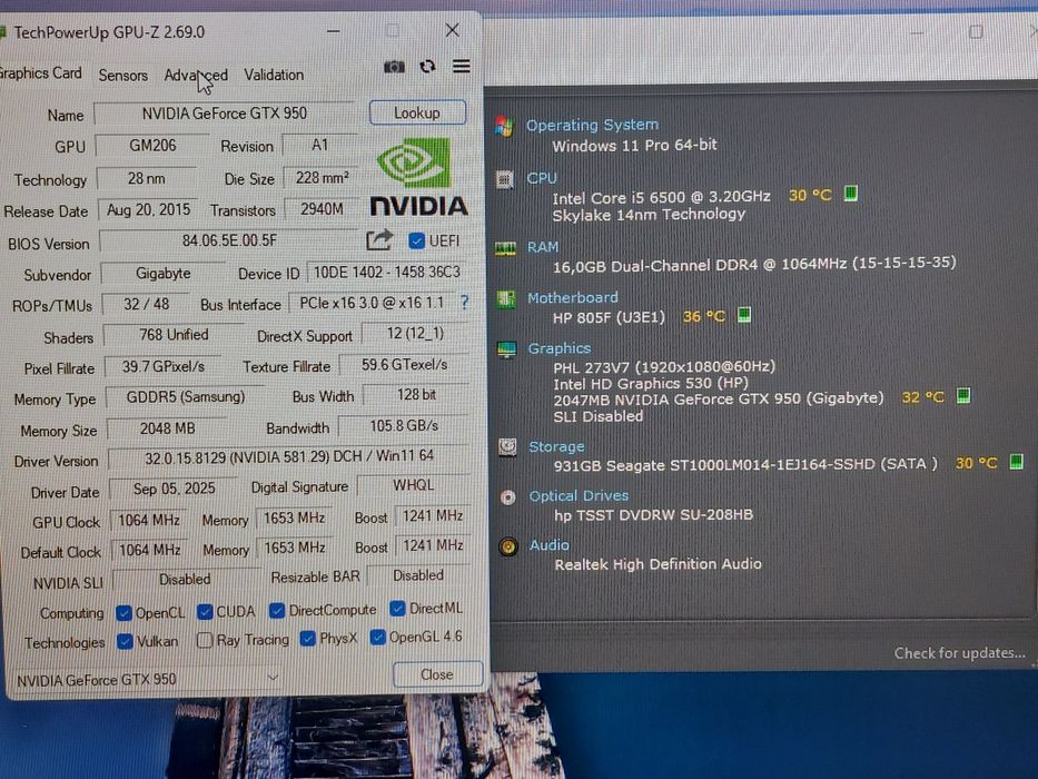 Unitate PC HP i5 6500 3,2Ghz, 16GB, 1TB SSHD, GTX 950 2GB Win11 Office
