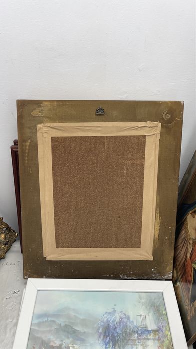 Tablou vintage cu ramă aurie sculptată – scenă rustică deosebită