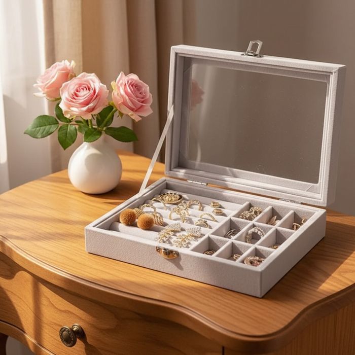 Кутия за бижута, сива, стъклен капак