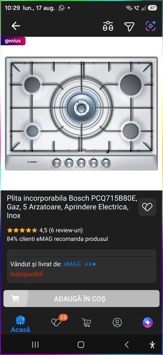 Vând plită incorporabilă BOSCH PCQ715B80E, 70 cm x50 cm  pe gaz, cu 5 arzătoare, finisaj inox.