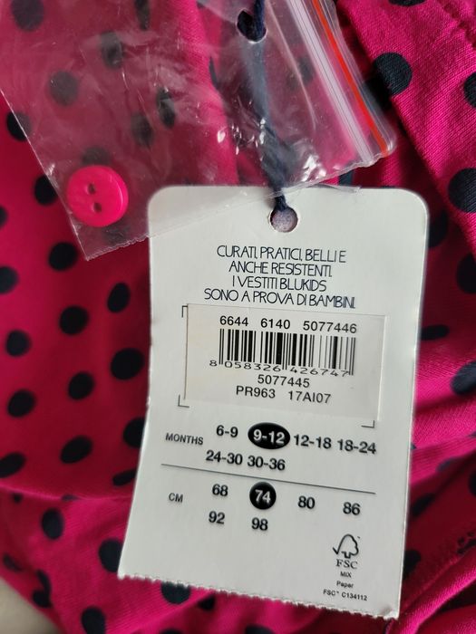 Rochie roz cu buline negre din 95% bumbac, pentru bebeluși, 9-12 luni, 74 cm, model Ladybug
