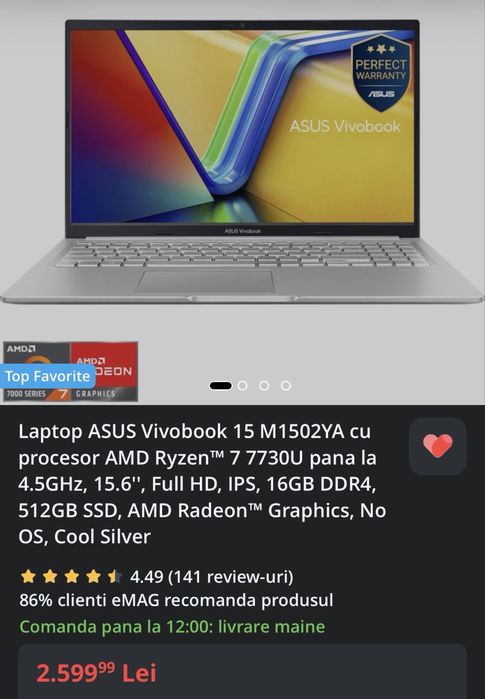 Laptop ASUS Vivobook, AMD Ryzen 7, 7730U, 16GB DDR4, 512GB SSD, Win 11