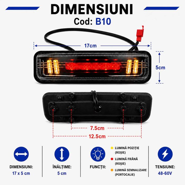 Lampă Stop LED Universală 48-60V cu Semnalizare, Frână și Poziție pentru CityCoco și Scutere Electrice – B10