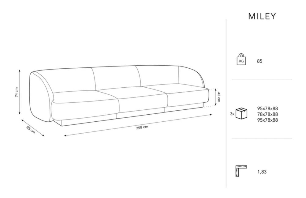 Canapea bej cu tapițerie din catifea 259 cm Miley - Micadoni Home