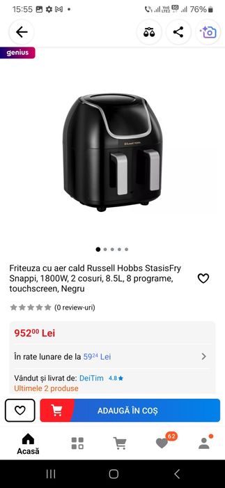 Friteuza cu aer cald Mare cu2 cosuri 8,5L Russell Hobbs Noua cu GARANT