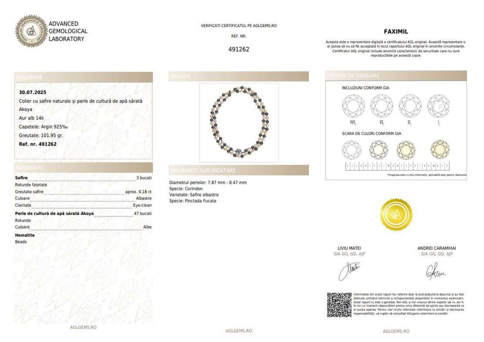 Colier din perle Akoya și hematite, cu închizătoare decorată cu safire