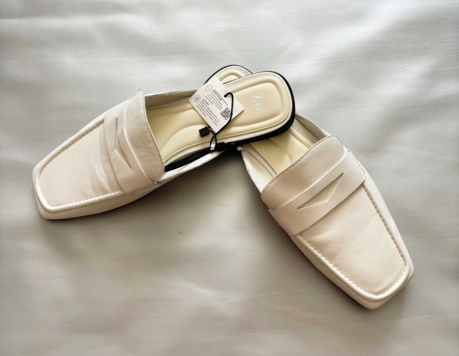 Papuci dama, ZARA, varf patrat, noi, piele naturala, 38