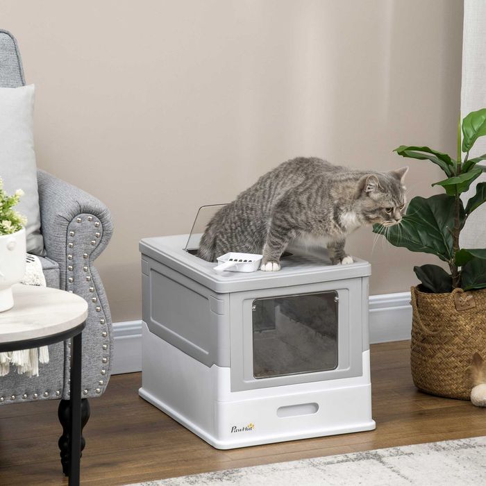 Котешка тоалетна, къщичка за котки с подложка и лъжичка, пластмаса, сива