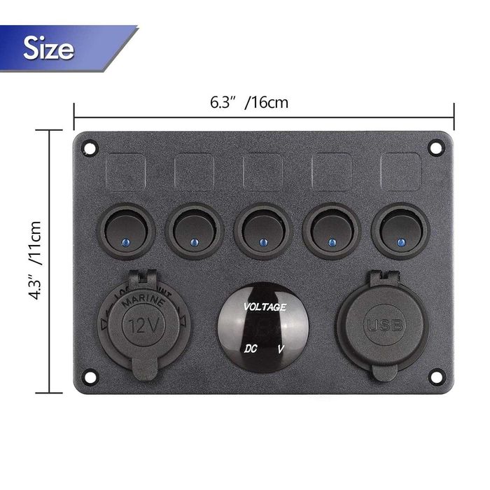 Панел за вграждане с 5 бутона, USB, 12V и волтметър