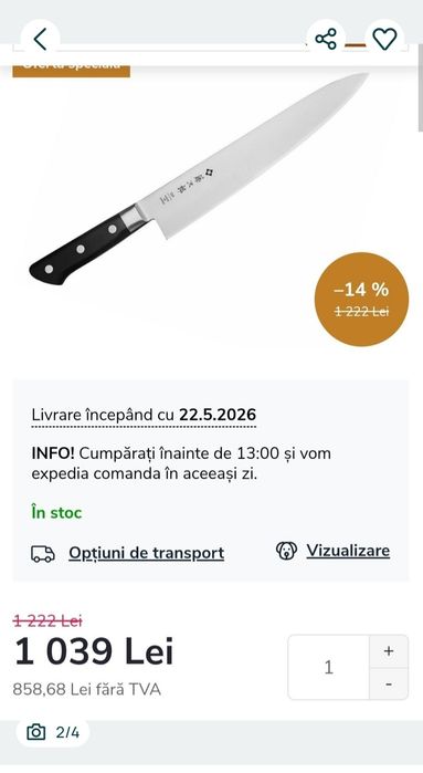 Cutit bucatar Tojiro gyuto 24 cm VG10.