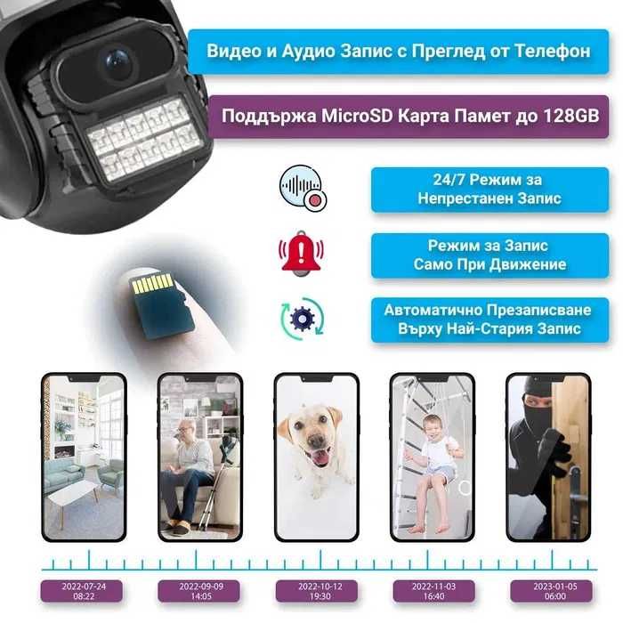 Двойна външна въртяща WiFi AI камера 8MP с два обектива, ICSee, Черна