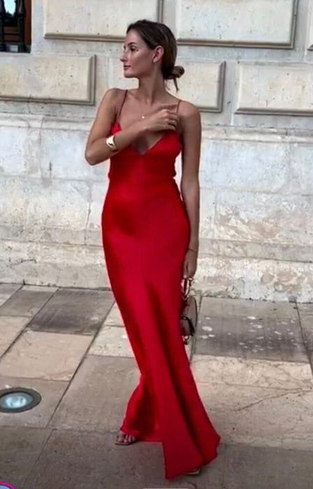 Zara Rochie maxi lunga matase naturala rosu