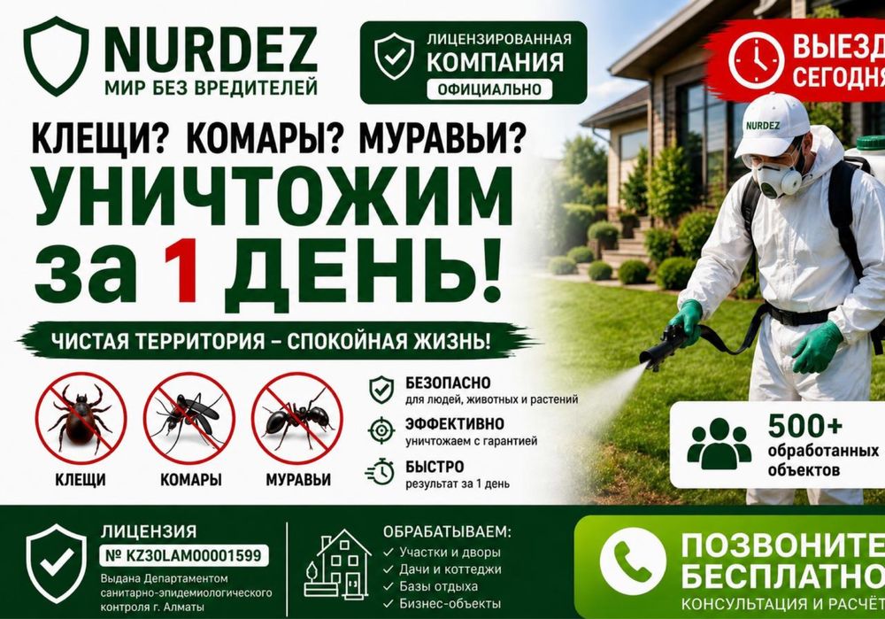 Дезинфекция, обработка участков, уничтожения клещей, муравьев, тли