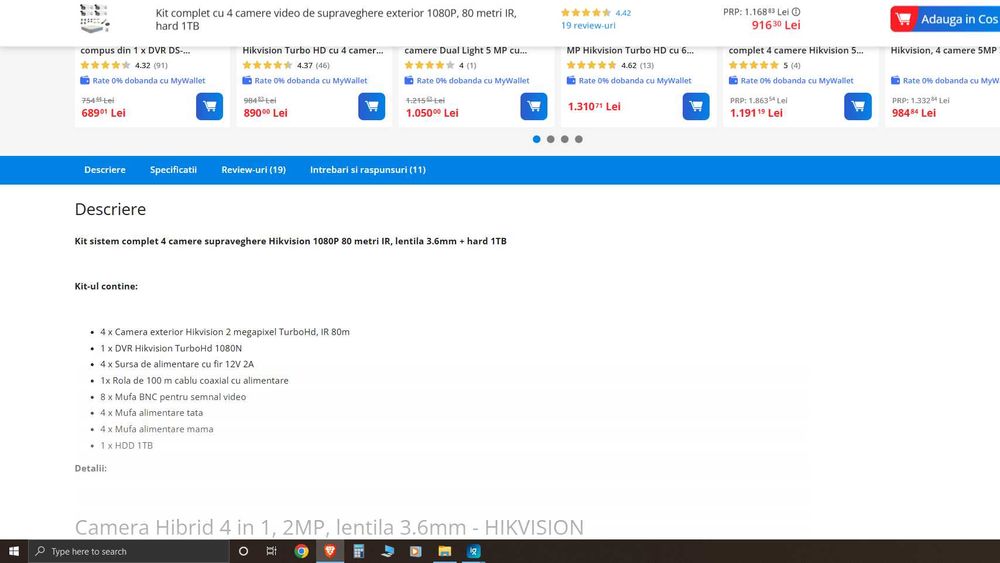 Kit complet 4 camere supraveghere Hikvision 1080P