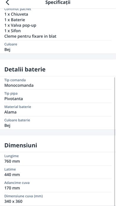 Chiuveta + baterie pyramis bej noua