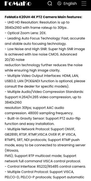 Camera streaming PTZ 4K. FoMaKo. Ai Auto-Tracking . 20x Optical Zoom