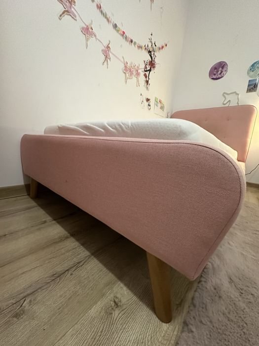 Pat roz 90x200 + Saltea Adormo Memory 14+4 – stare foarte bună