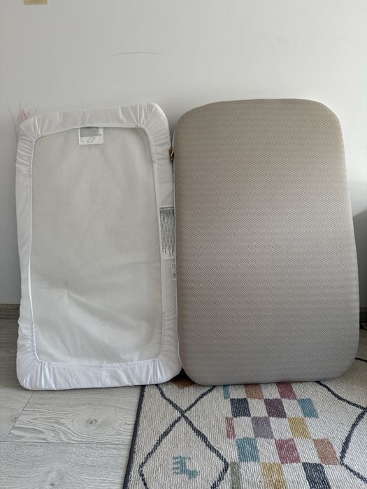 Pătuț (co-sleep) Kinderkraft Neste Up Gri + Saltea Manufaktura Reversibilă – Stare Foarte Bună
