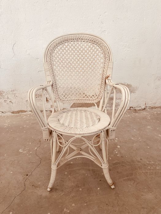 Винтидж ратанов стол с подлакътници – естествен ратан, Boho / Colonial