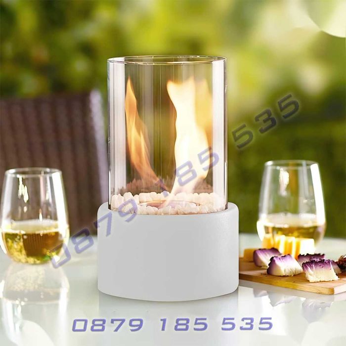 Бяла декоративна кръгла камина биоетанол бели камъни мини каминка маса