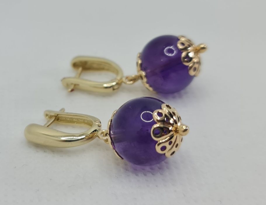 Cercei din aur galben 14k cu ametist natural handmadee