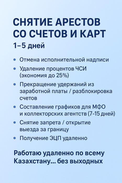Снятие арестов со счетов и карт (1–5 дней)