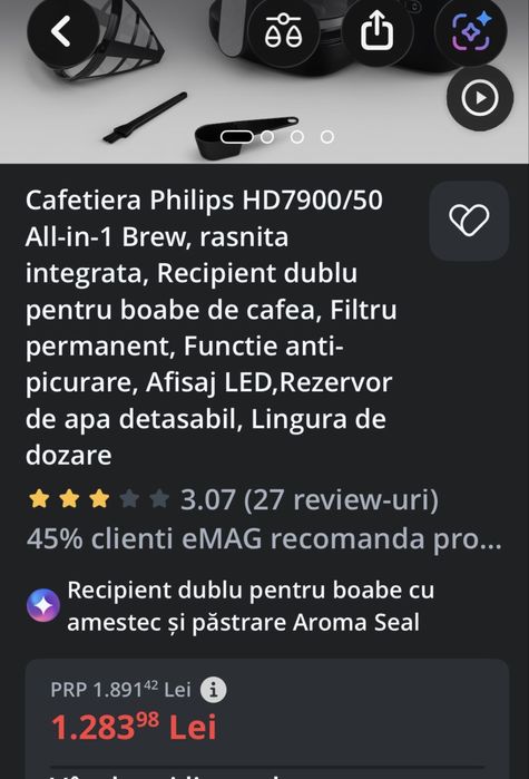 Cafetiera Philips HD7900/50 All-in-1 Brew, rasnita integrata, Recipient dublu pentru boabe de cafea.