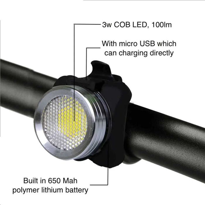 2 в 1 Компактен LED фар и стоп за велосипед Бяла/Червена светлина, USB