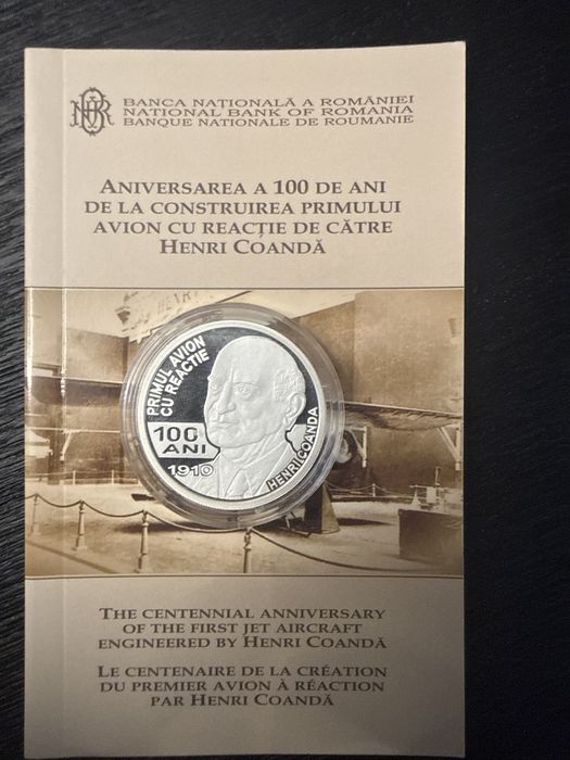 Moneda BNR Primul Avion cu Reactie de Henri Coanda argint 2010