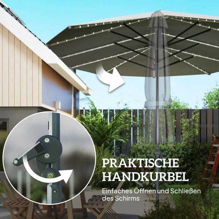 Двоен чадър за градина Outsunny със слънчеви лампи, полиестер, UPF50+