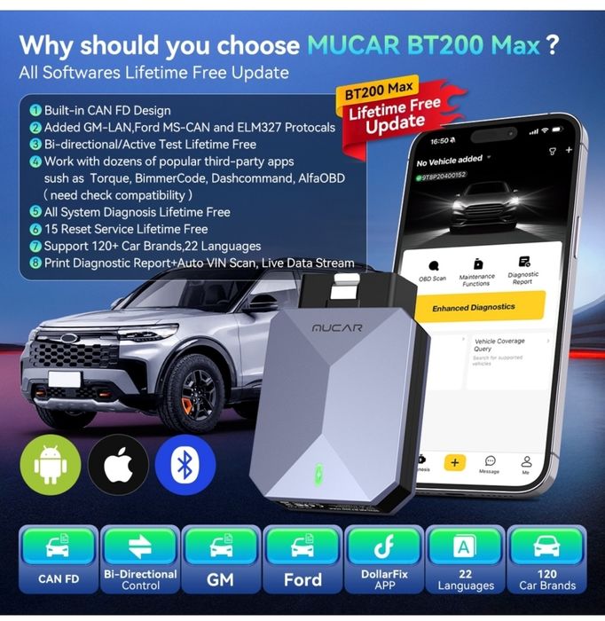 Tester auto profesional Mucar BT200 MAX OBD2 Bluetooth SIGILAT 300 lei