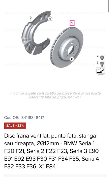 Vănd disc frana ventilat BMW punte fata - stanga sau dreapta, Ø312mm Cod OE 34118848417